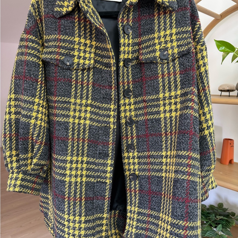Vintage Inspired Plaid Wool Blend Utility Jacket Yellow Black Size S